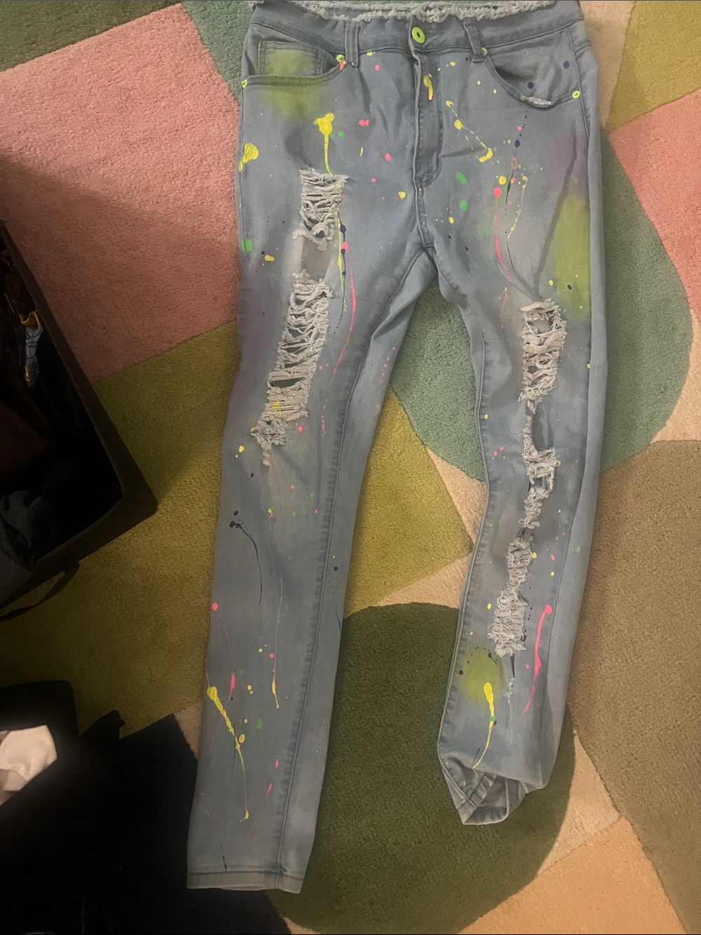Paint-Splatter Ripped Skinny Jeans - Light Blue